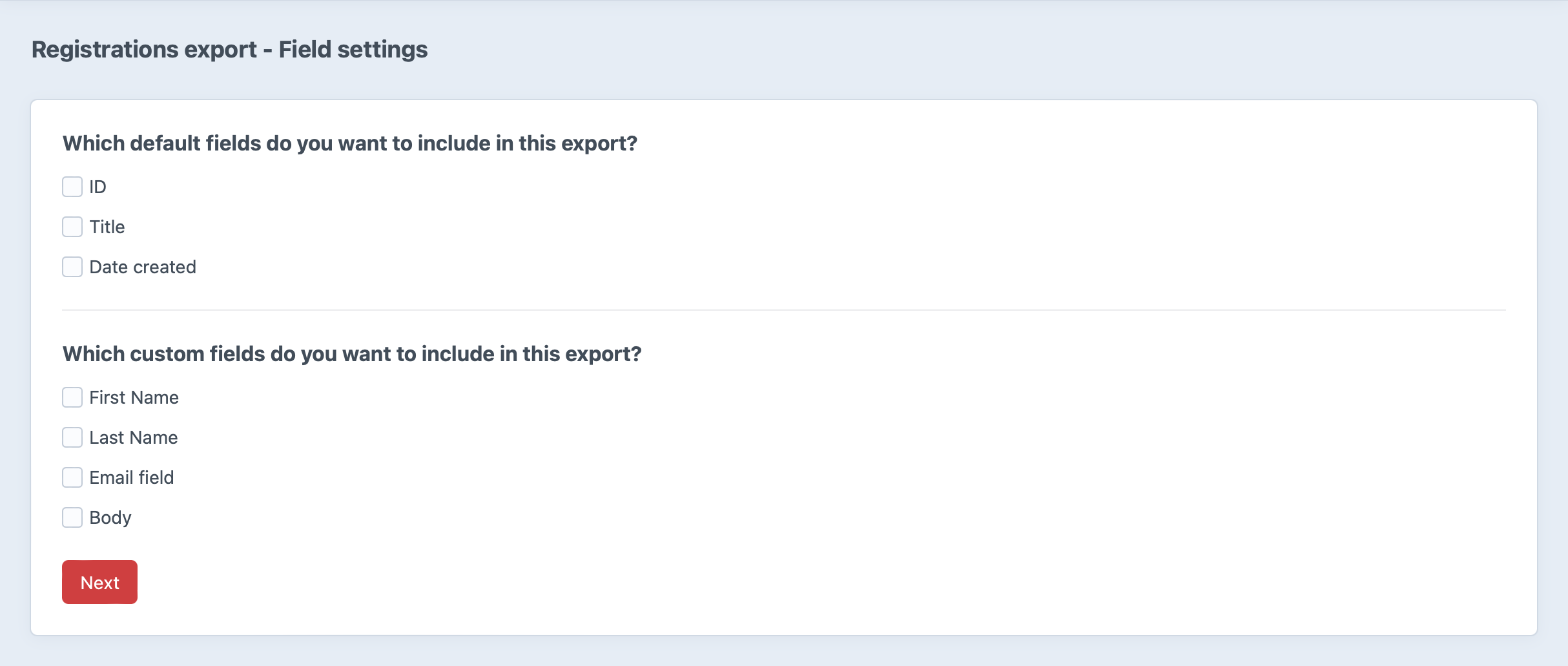 Step 2 of the export creation flow